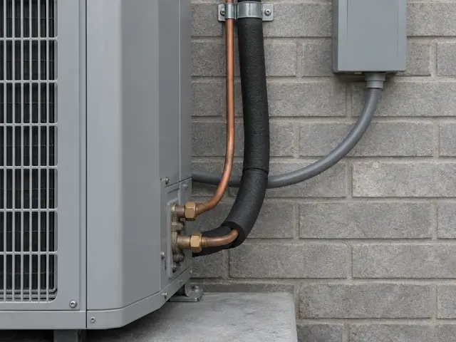 A new outdoor condenser standing on a concrete pad beside a house
