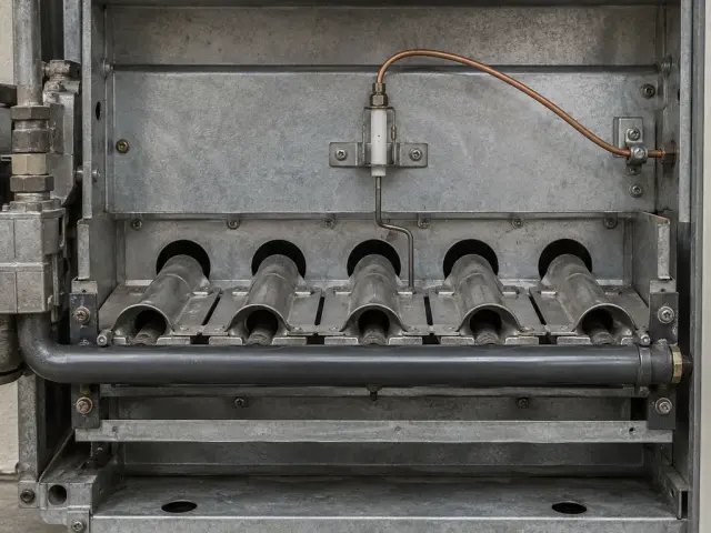 The open burner compartment of a gas furnace