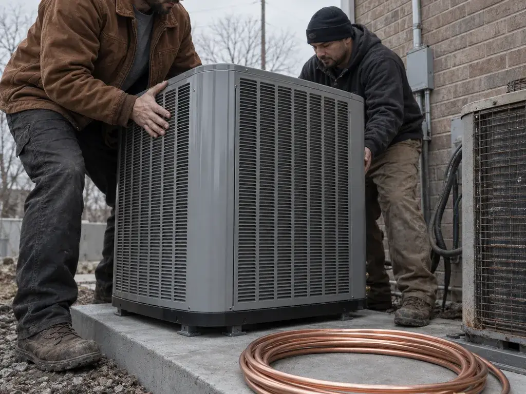 Two technicians lowering a new condenser onto a concrete pad