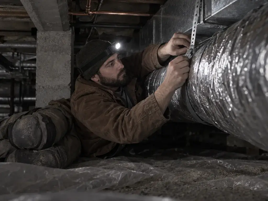 A technician joining flexible duct to a metal trunk line in a crawl space