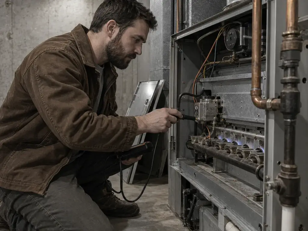 A technician with a meter at the open panel of a gas furnace