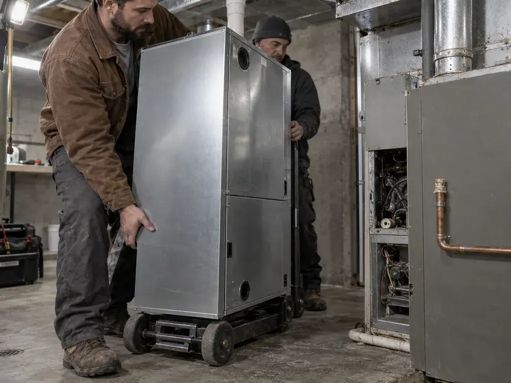 Two technicians easing a furnace cabinet down a basement stairway