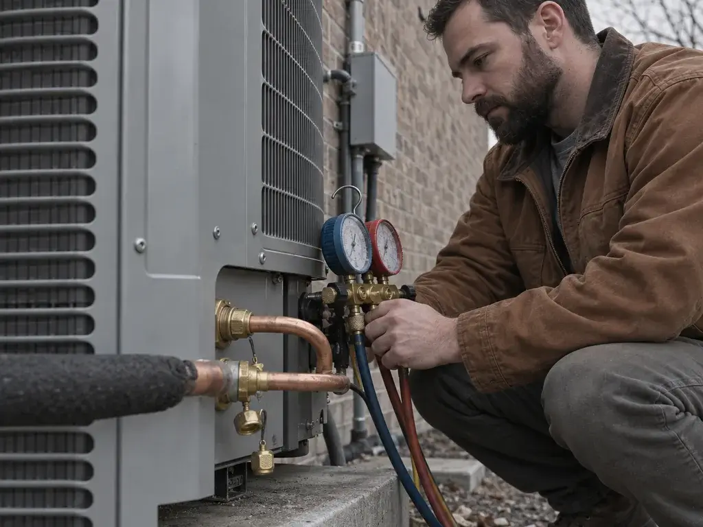 A technician with a gauge manifold connected to an outdoor condenser