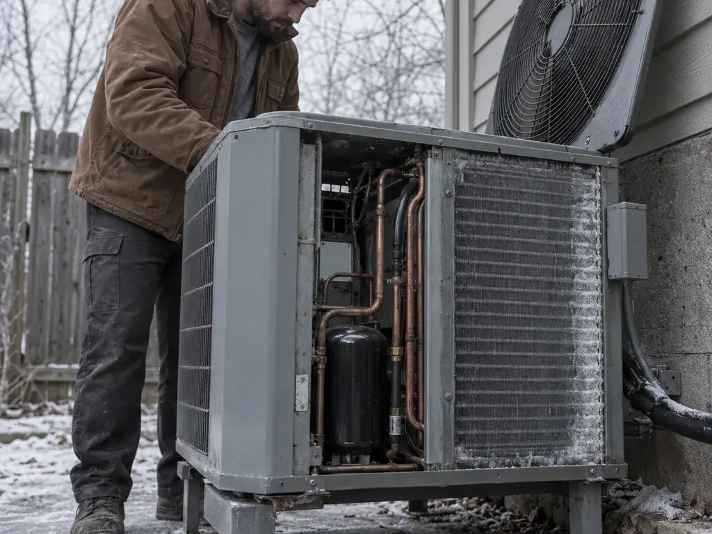 A technician checking the coil of an outdoor heat pump in winter