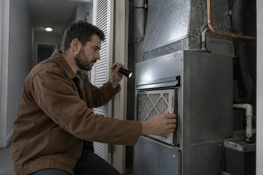 A technician at an indoor air handler