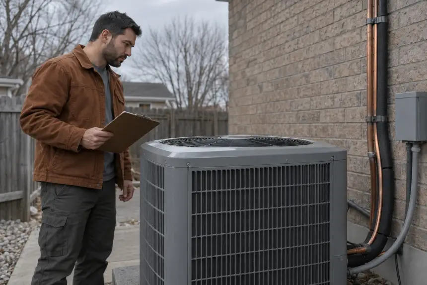 A technician at an outdoor condenser beside a house